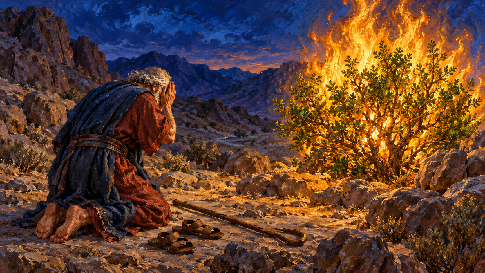The God of Israel: The One True God Classical oil painting of barefoot Moses hiding his face before the unconsumed burning bush