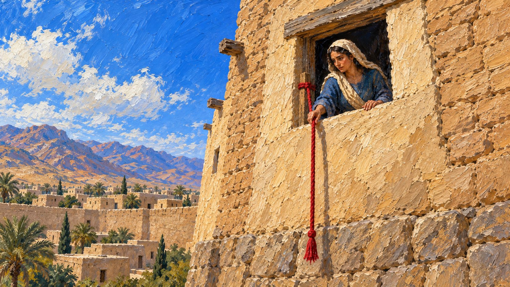 Rahab and the Scarlet Cord: What It Meant Classical oil painting of Rahab hanging the scarlet cord outside her window in the intact wall of Jericho.
