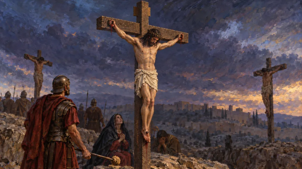 Classical oil painting of Jesus bowing His head on the cross after declaring It is finished, with mourners and Roman soldiers nearby.