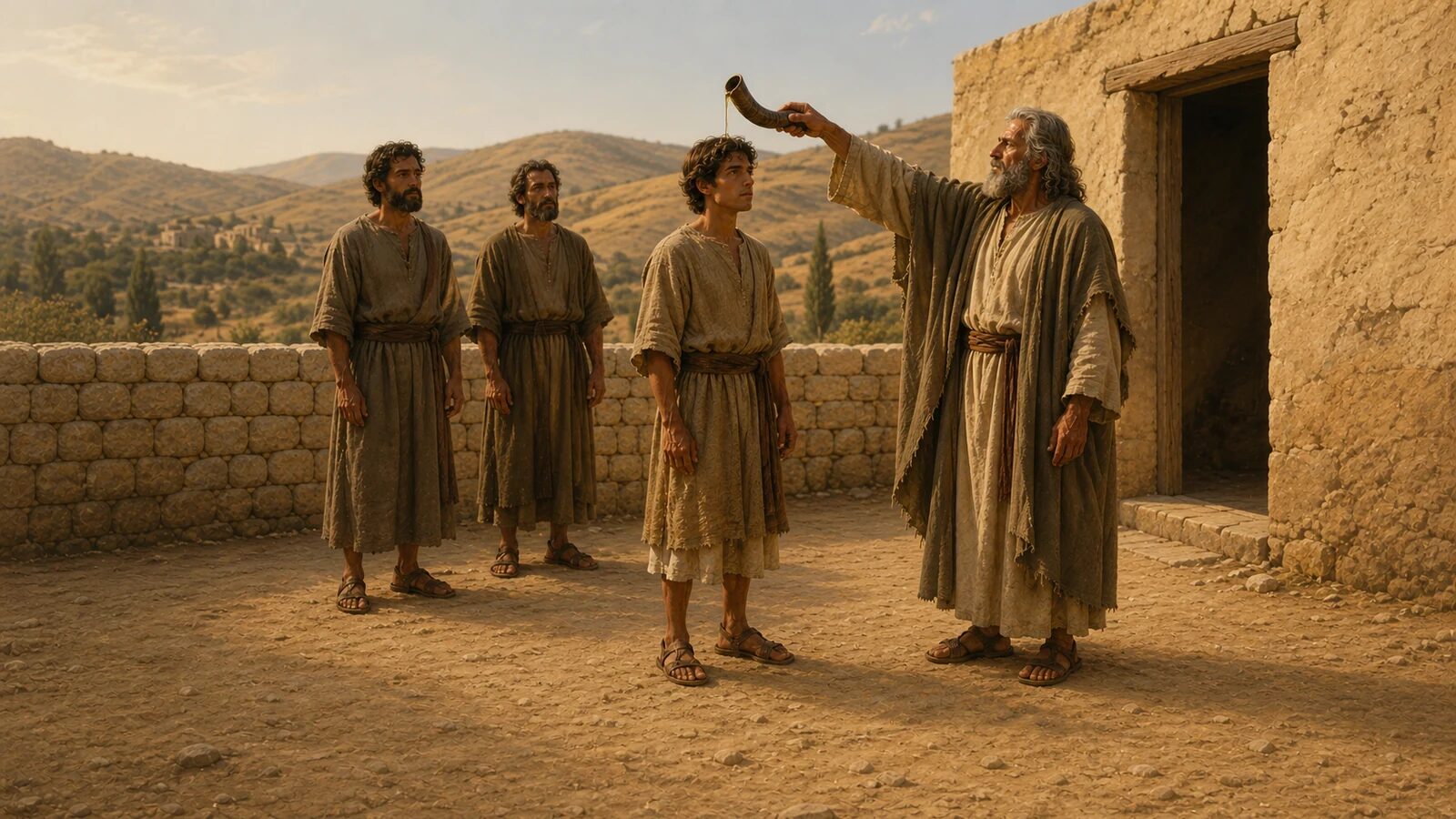 featured-100733 Samuel anoints the young shepherd David with oil from a horn before two of his brothers