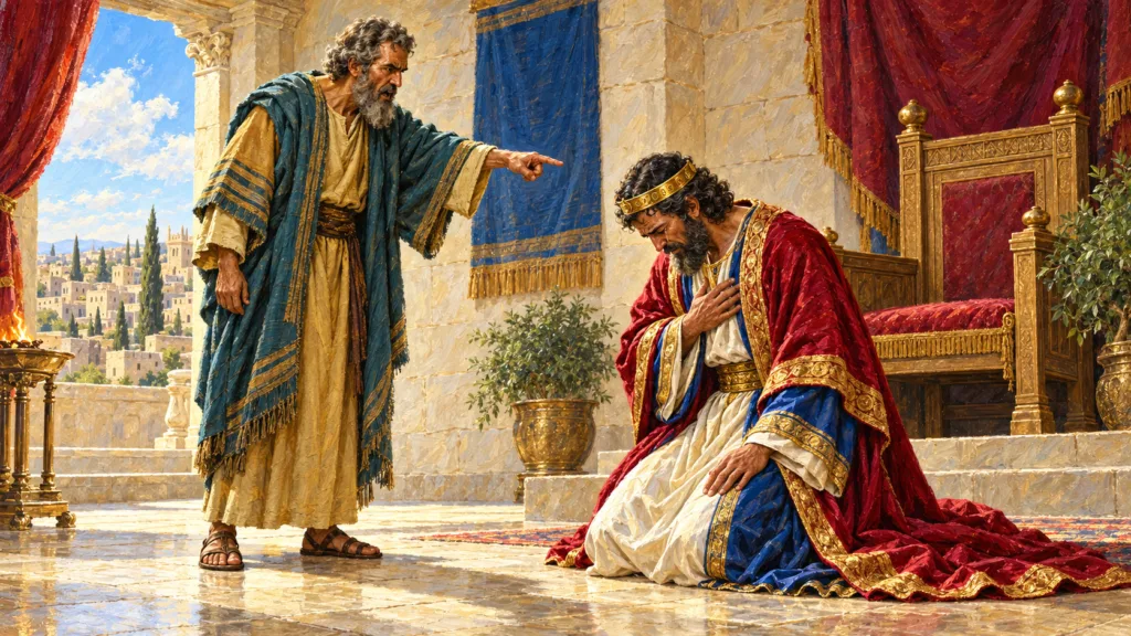Bright classical oil painting of crowned King David kneeling in repentance as Nathan points at him in stern accusation.