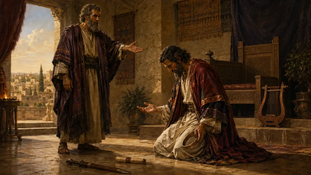 Nathan confronts King David as David removes his crown and confesses