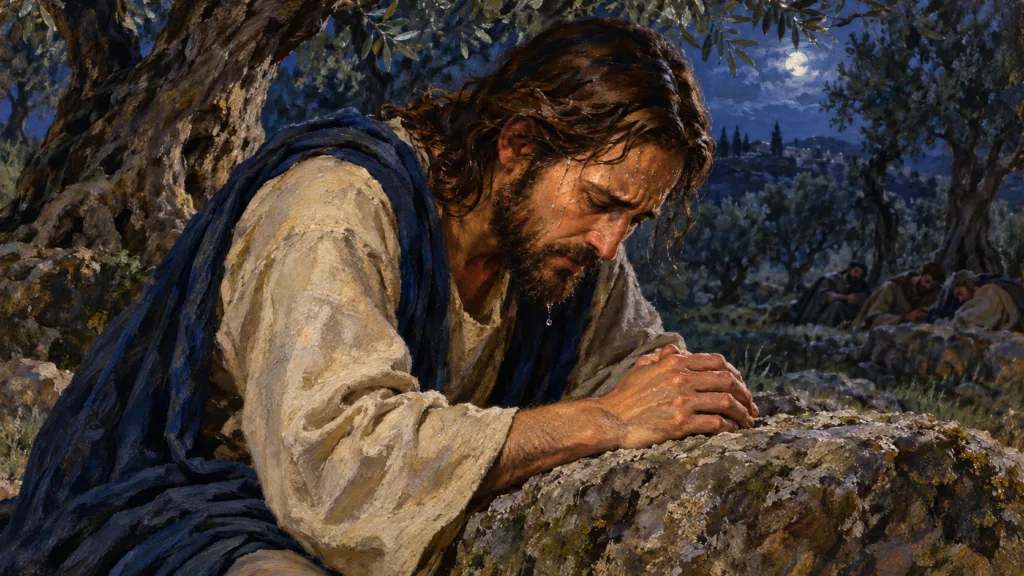 Classical oil painting of Jesus praying in Gethsemane with heavy clear sweat on His face