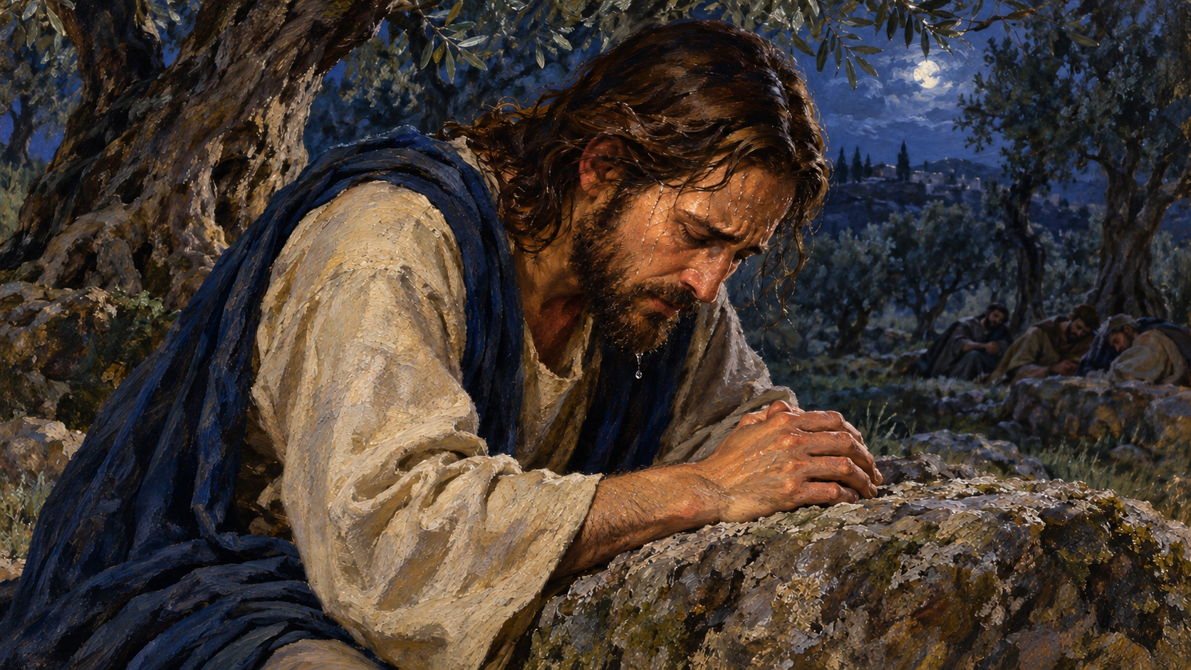 Did Jesus Sweat Blood in Gethsemane? Classical oil painting of Jesus praying in Gethsemane with heavy clear sweat on His face