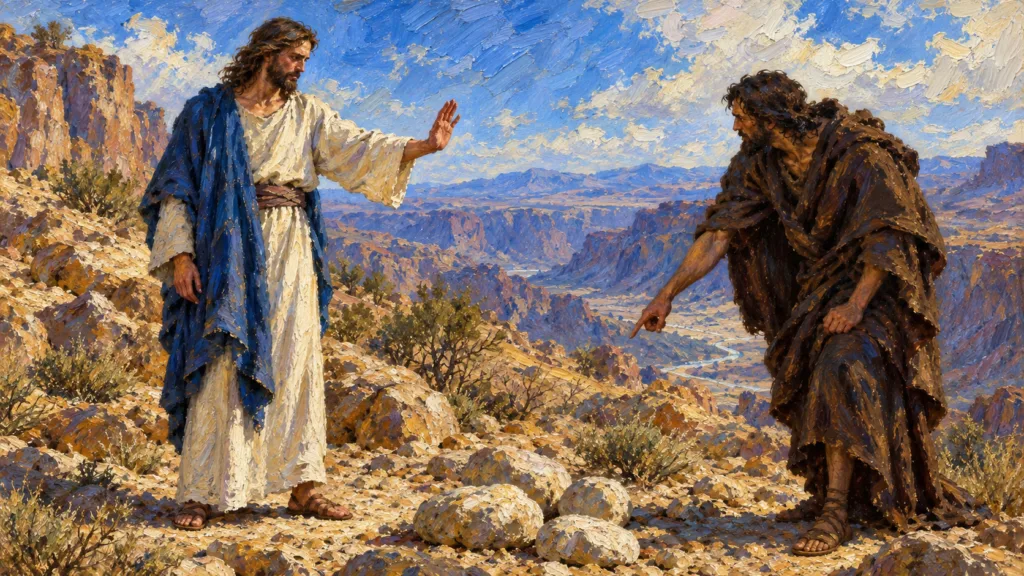 Classical oil painting of Jesus refusing the tempter pointing toward stones in the wilderness