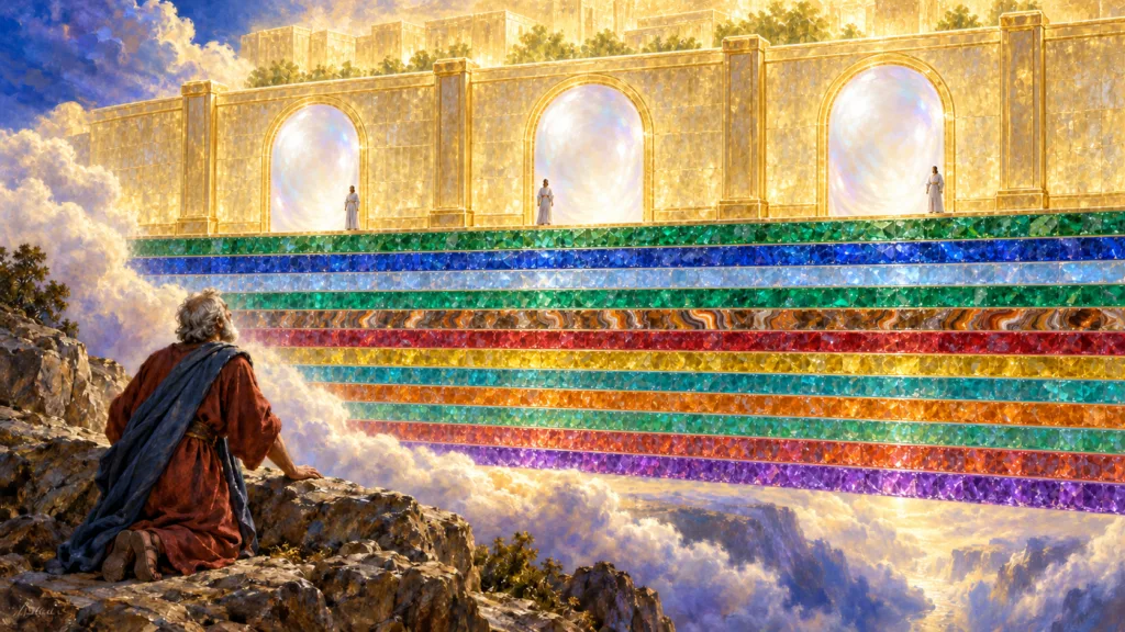 Classical oil painting of John viewing pearl gates and twelve jeweled foundations of New Jerusalem