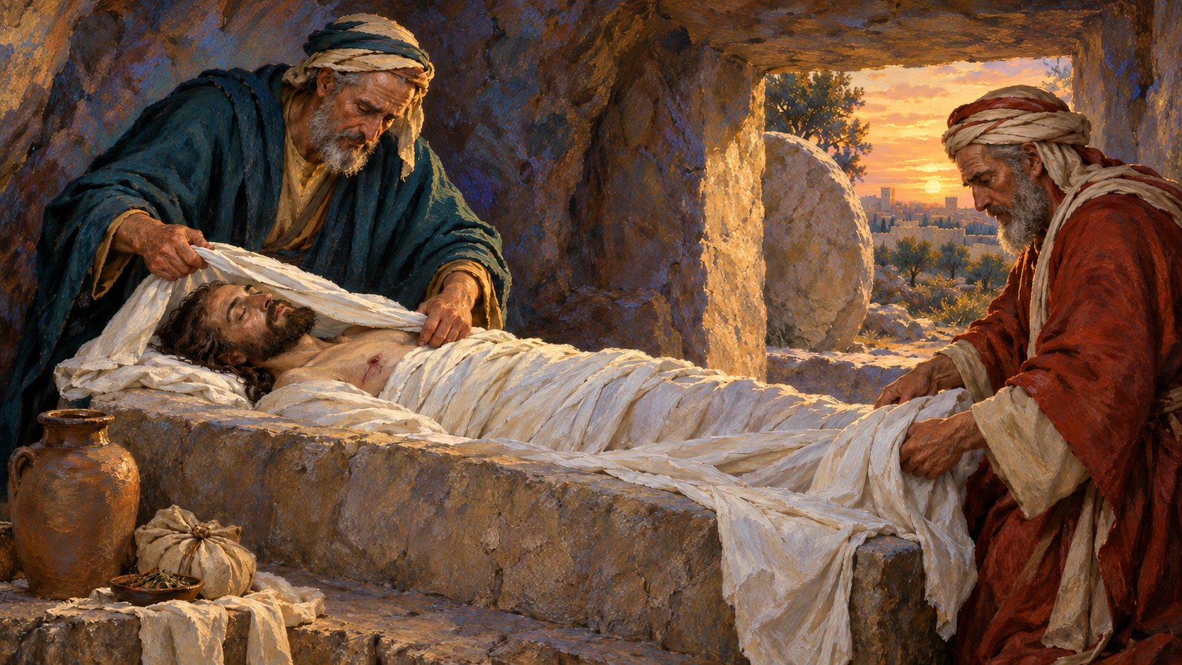 Joseph of Arimathea: The Disciple Who Buried Jesus Classical oil painting of Joseph and Nicodemus arranging burial linen around Jesus in the tomb