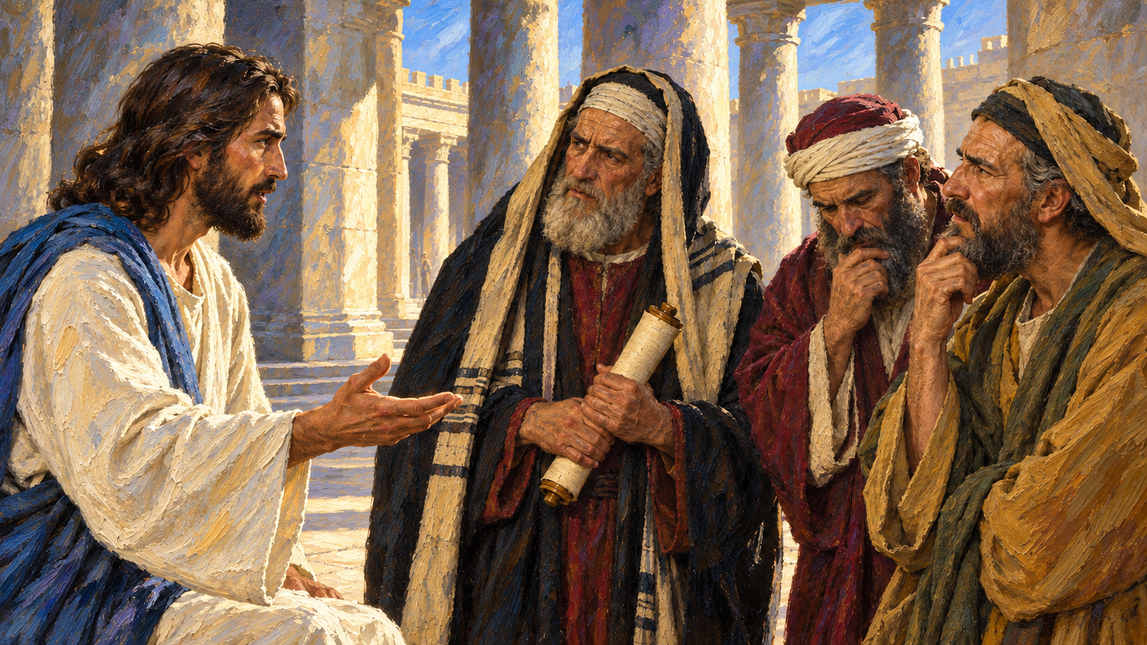 Classical oil painting of Jesus questioning thoughtful teachers about the Messiah in the temple court