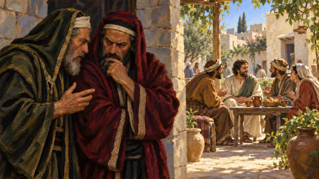 Classical oil painting contrasting leaders plotting privately with living Lazarus welcomed by visitors