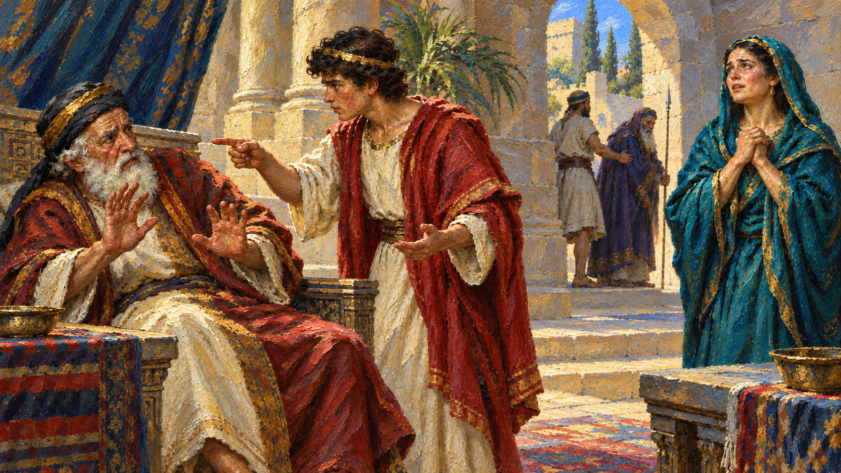 Susanna and Bel and the Dragon: Do They Belong in Daniel? Classical oil illustration of Daniel questioning an elder in the story of Susanna.