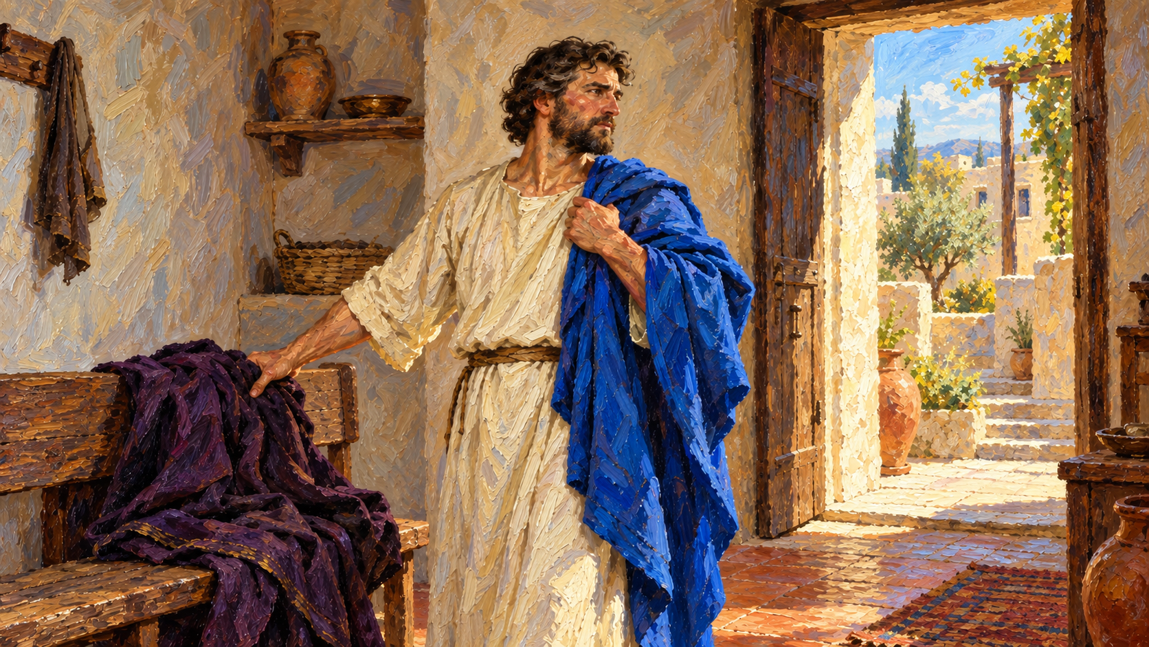 Classical oil painting of a man setting aside an old cloak and putting on a new mantle.