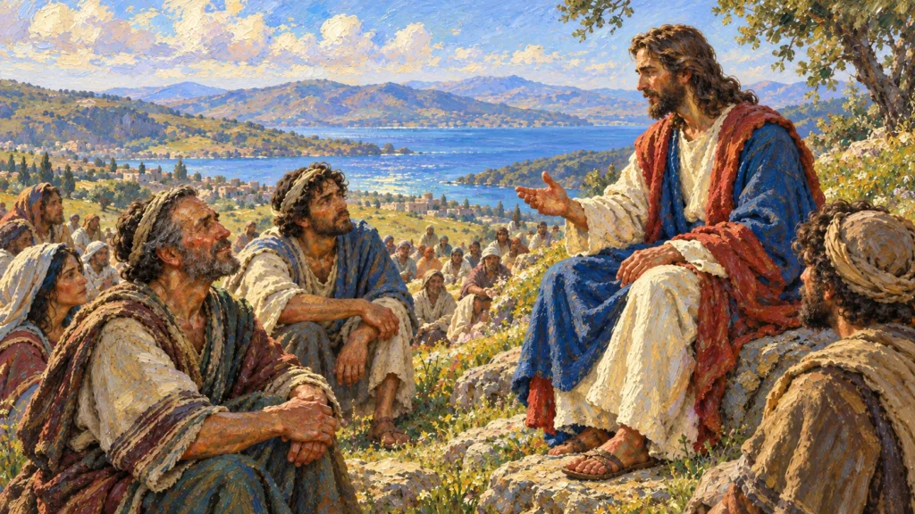 Classical oil painting of Jesus seated on a hillside teaching the Beatitudes to attentive listeners.