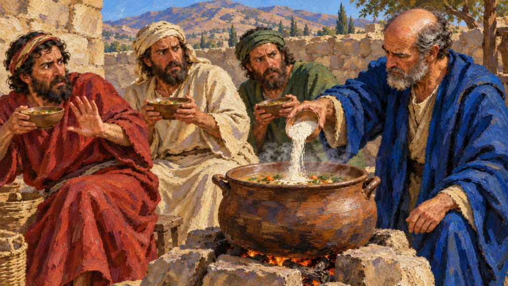Classical oil painting of Elisha adding flour to the dangerous stew as the sons of the prophets watch.