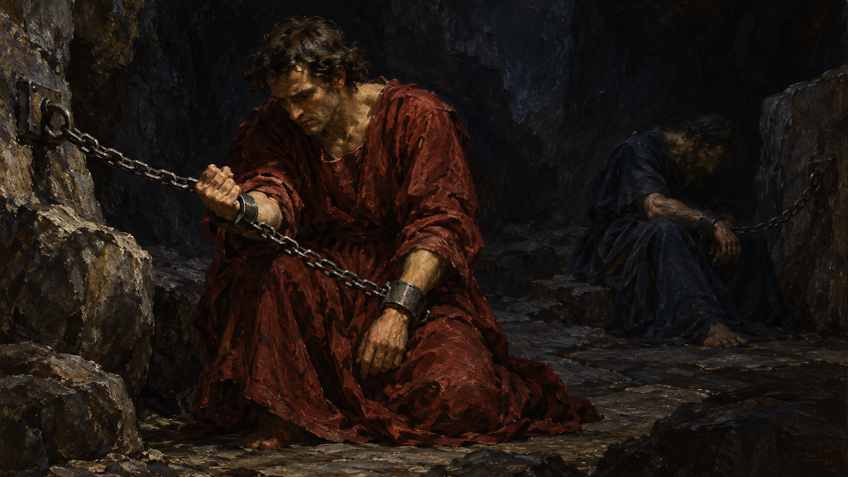 Classical oil illustration of rebellious angels restrained in chains under darkness awaiting judgment.