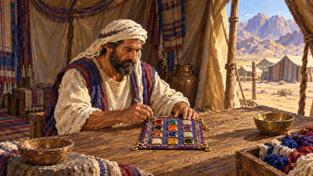 Classical oil painting of an Israelite craftsman inspecting the twelve gold-set stones of the priestly breastplate during construction.