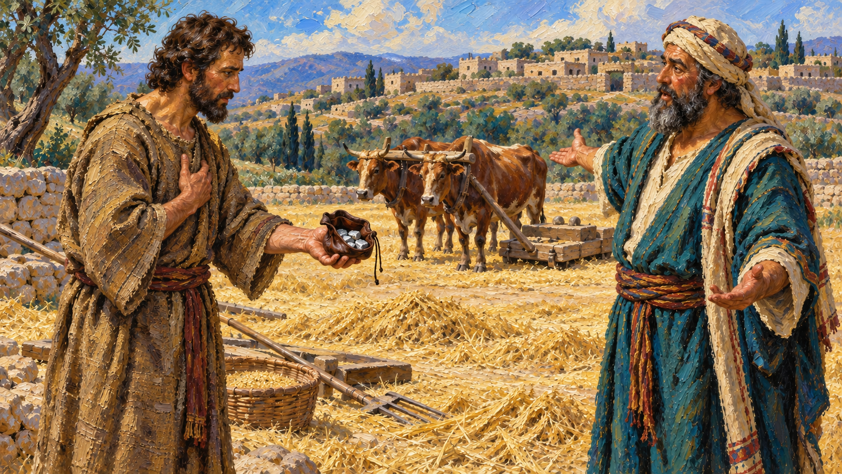 Araunah’s Threshing Floor: David’s Costly Offering Classical oil painting of David offering silver to Araunah at the threshing floor beside oxen and tools.