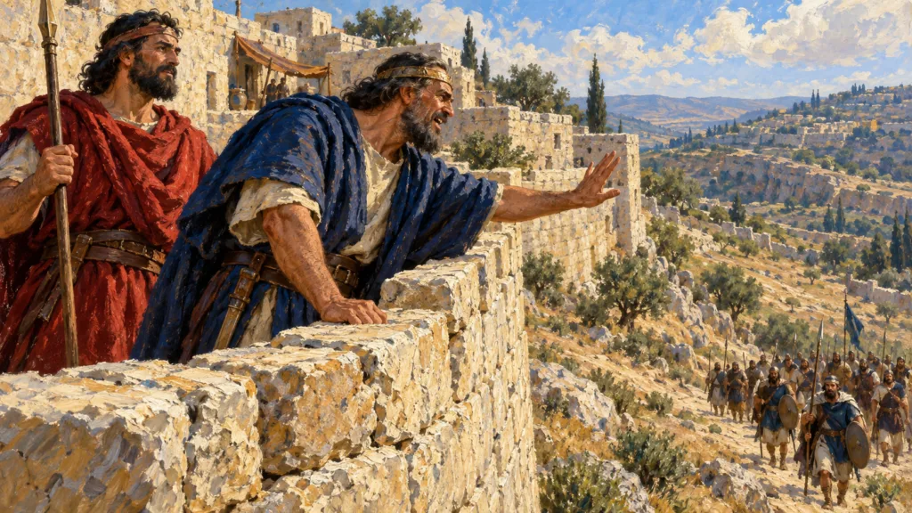 Classical oil painting of Jebusite defenders challenging the approaching army from the wall of Jerusalem.