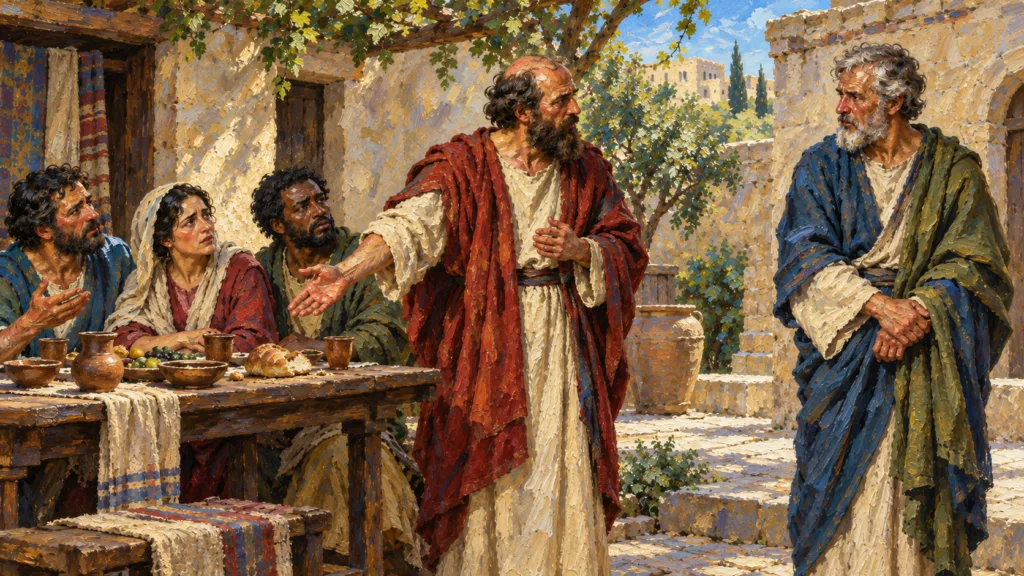 Classical oil painting of Paul correcting Peter over his withdrawal from a shared meal at Antioch.