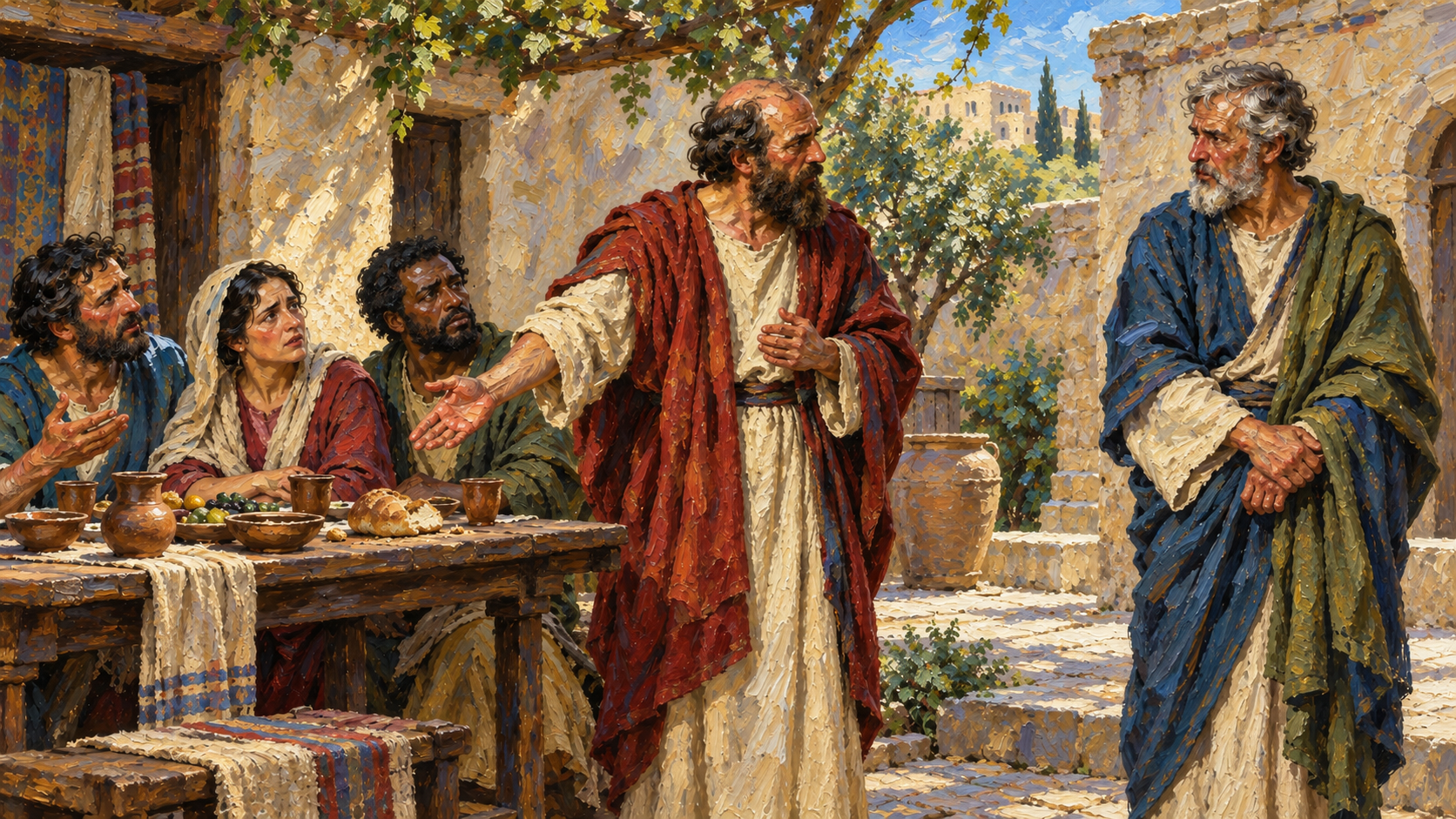 Why Did Paul Rebuke Peter at Antioch? Classical oil painting of Paul correcting Peter over his withdrawal from a shared meal at Antioch.