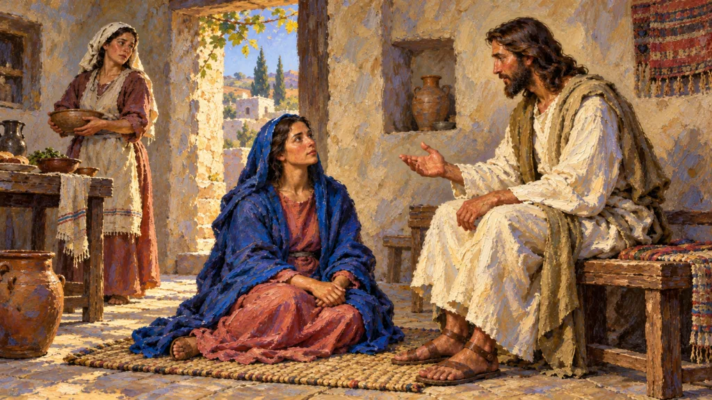 Classical oil painting of Mary of Bethany listening at the feet of Jesus while Martha serves nearby.