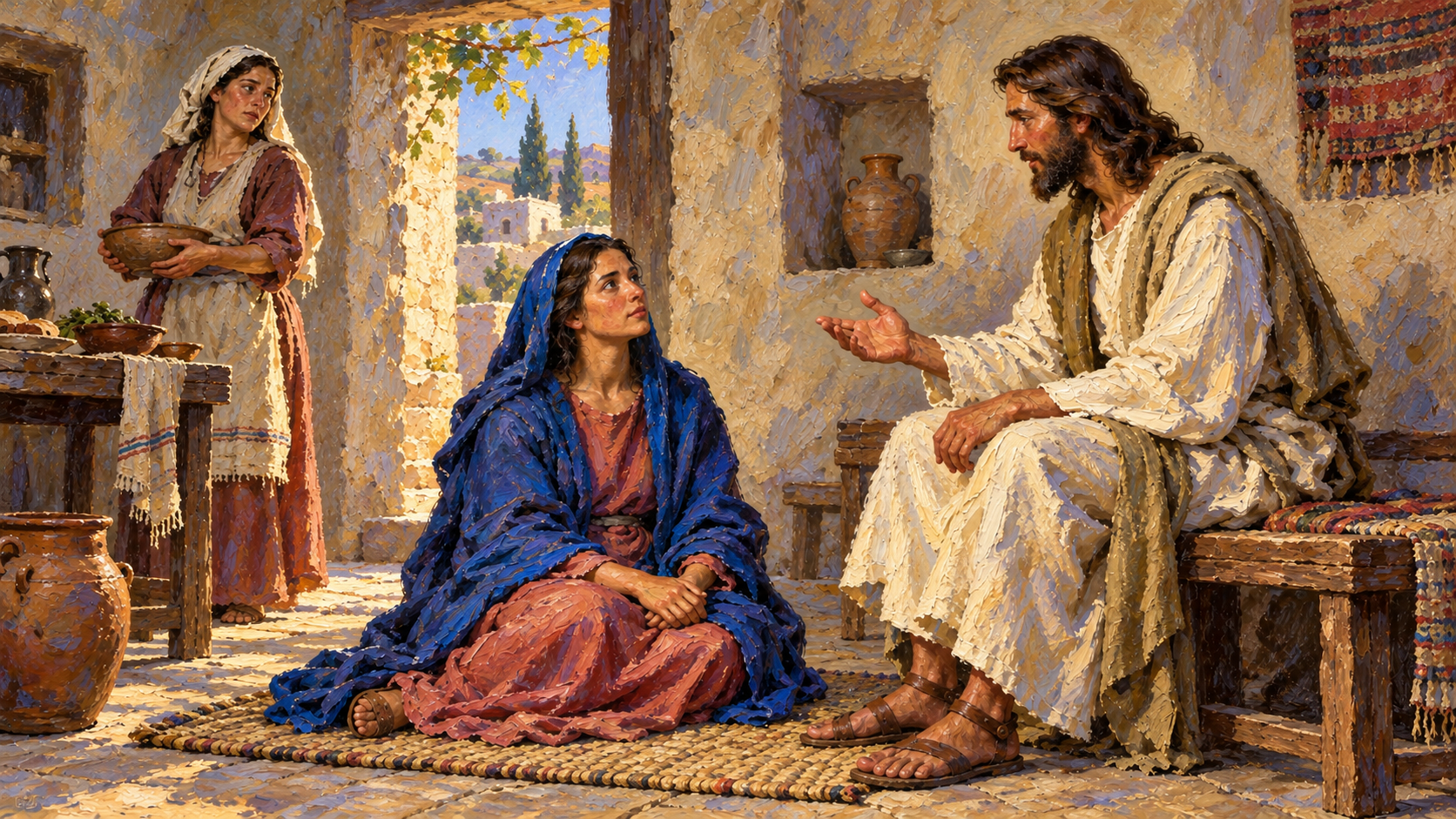 Mary of Bethany: Why She Was Always at Jesus’ Feet Classical oil painting of Mary of Bethany listening at the feet of Jesus while Martha serves nearby.