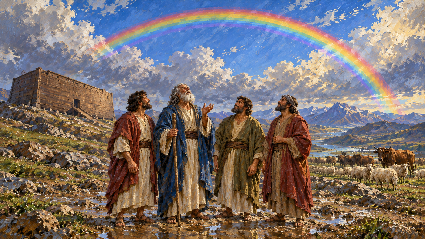 Classical oil painting of Noah and his three sons beneath the covenant rainbow beside the grounded ark.