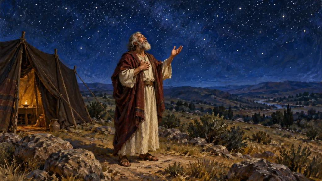 Classical oil painting of Abram looking toward the stars as he receives the promise of descendants.