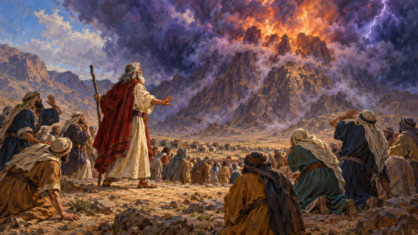 The Mosaic Covenant: Why God Gave Israel the Law Classical oil painting of Moses and Israel before smoking Mount Sinai.