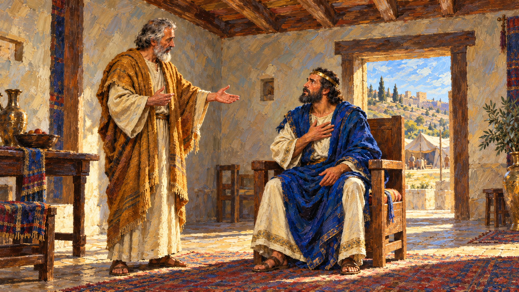 The Davidic Covenant: What God Promised David Classical oil painting of Nathan announcing the covenant promise to King David.