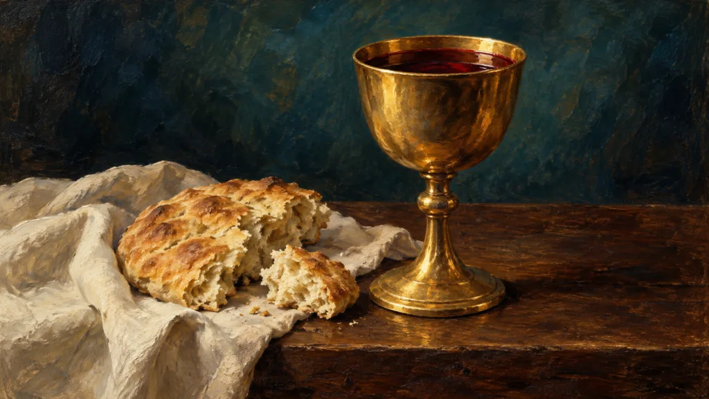 Classical oil painting of broken bread on linen beside a golden chalice filled with red wine on a wooden table.