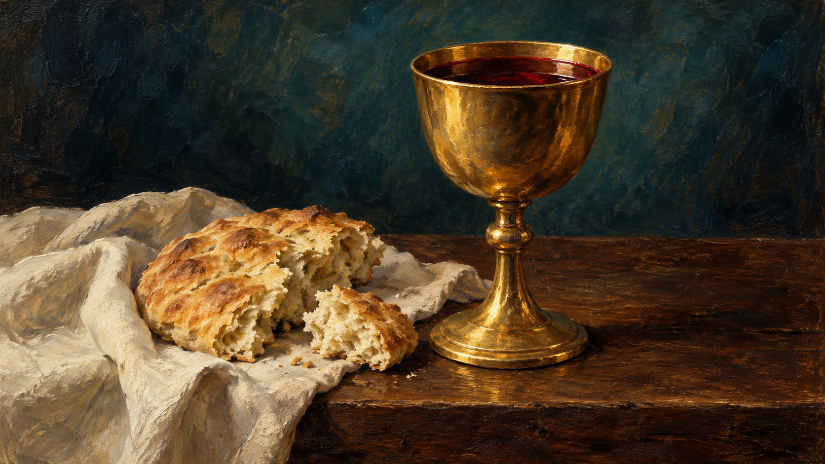 The New Covenant: Why God Promised Something New Classical oil painting of broken bread on linen beside a golden chalice filled with red wine on a wooden table.