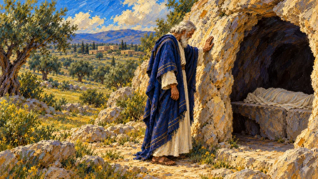 Classical oil painting of Abraham grieving beside the Cave of Machpelah after Sarah was buried.