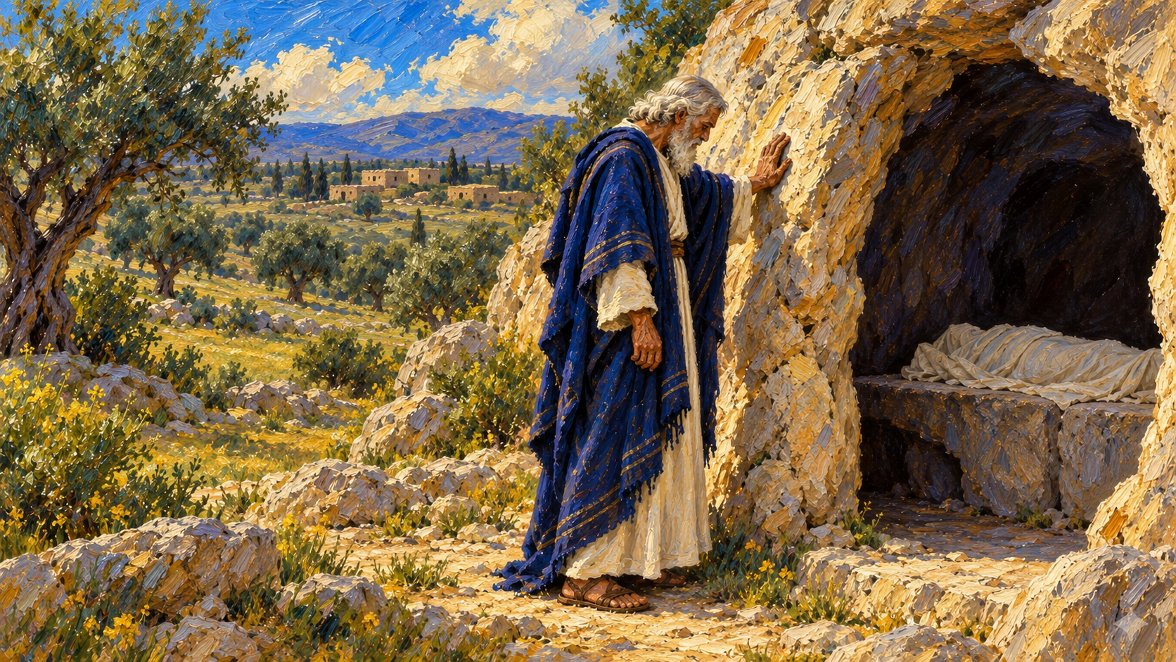 The Cave of Machpelah: Abraham’s First Possession Classical oil painting of Abraham grieving beside the Cave of Machpelah after Sarah was buried.