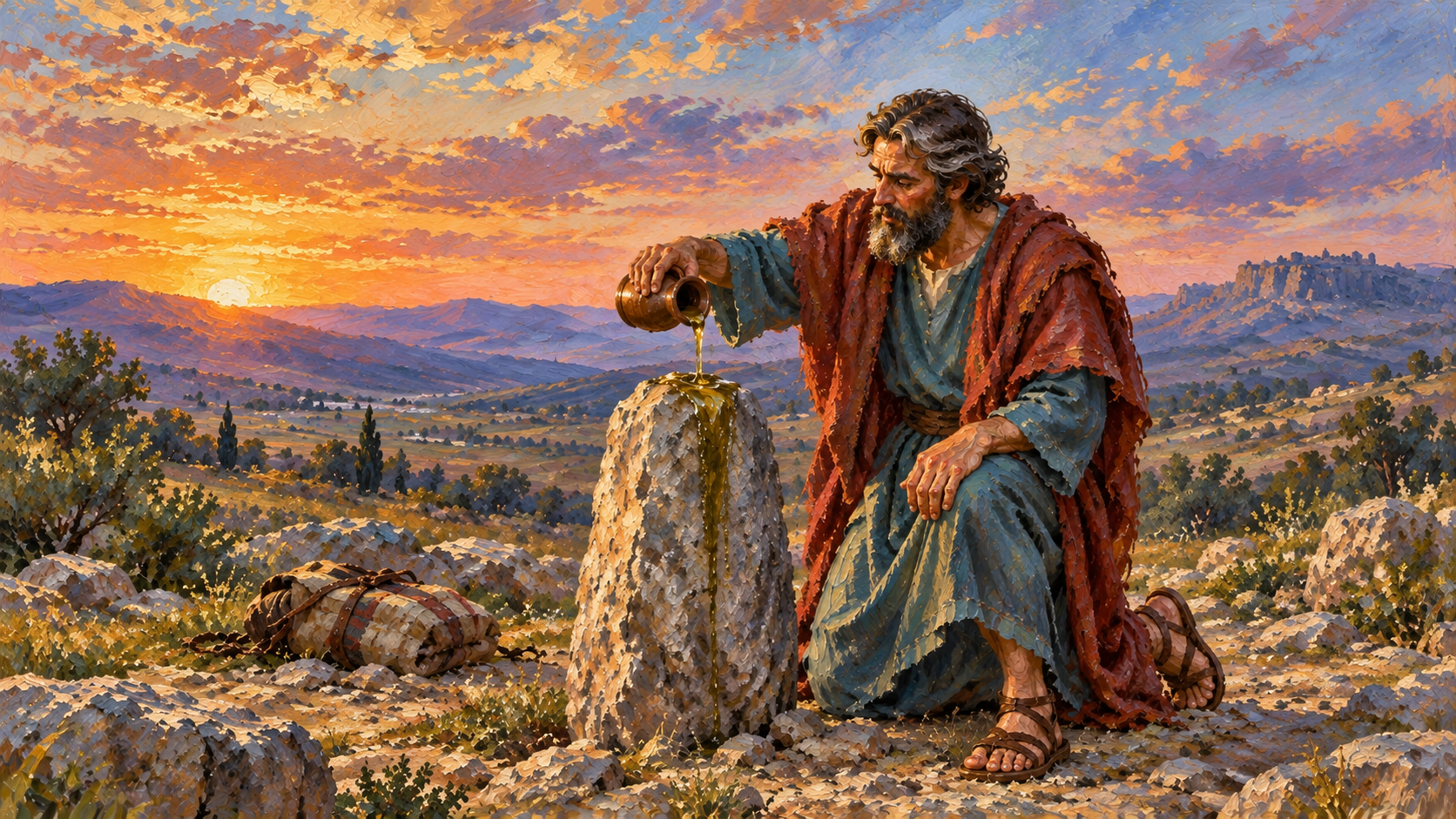 Classical oil painting of Jacob pouring oil on the upright stone at Bethel.