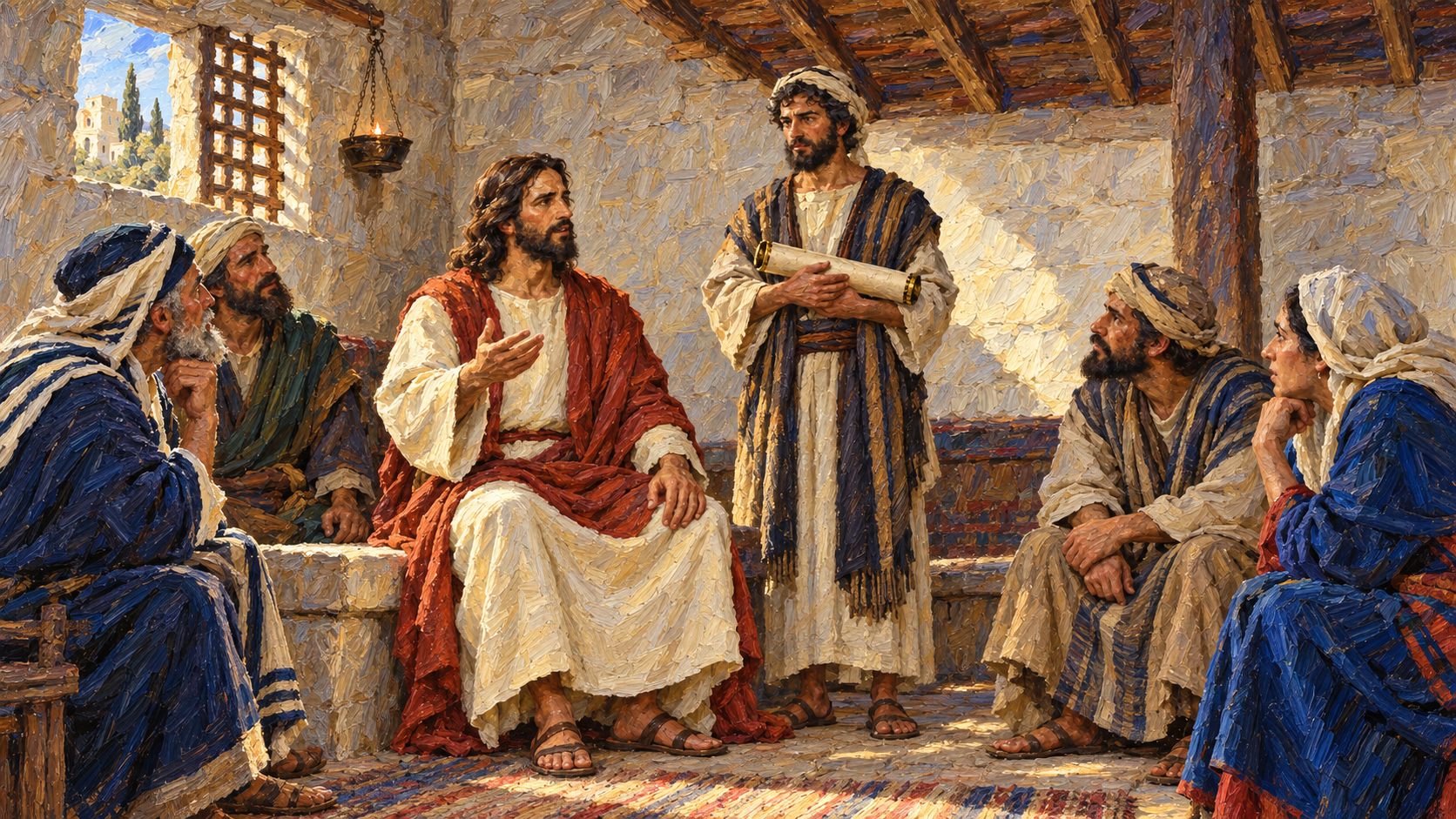 Classical oil painting of Jesus declaring Isaiah fulfilled in the Nazareth synagogue.