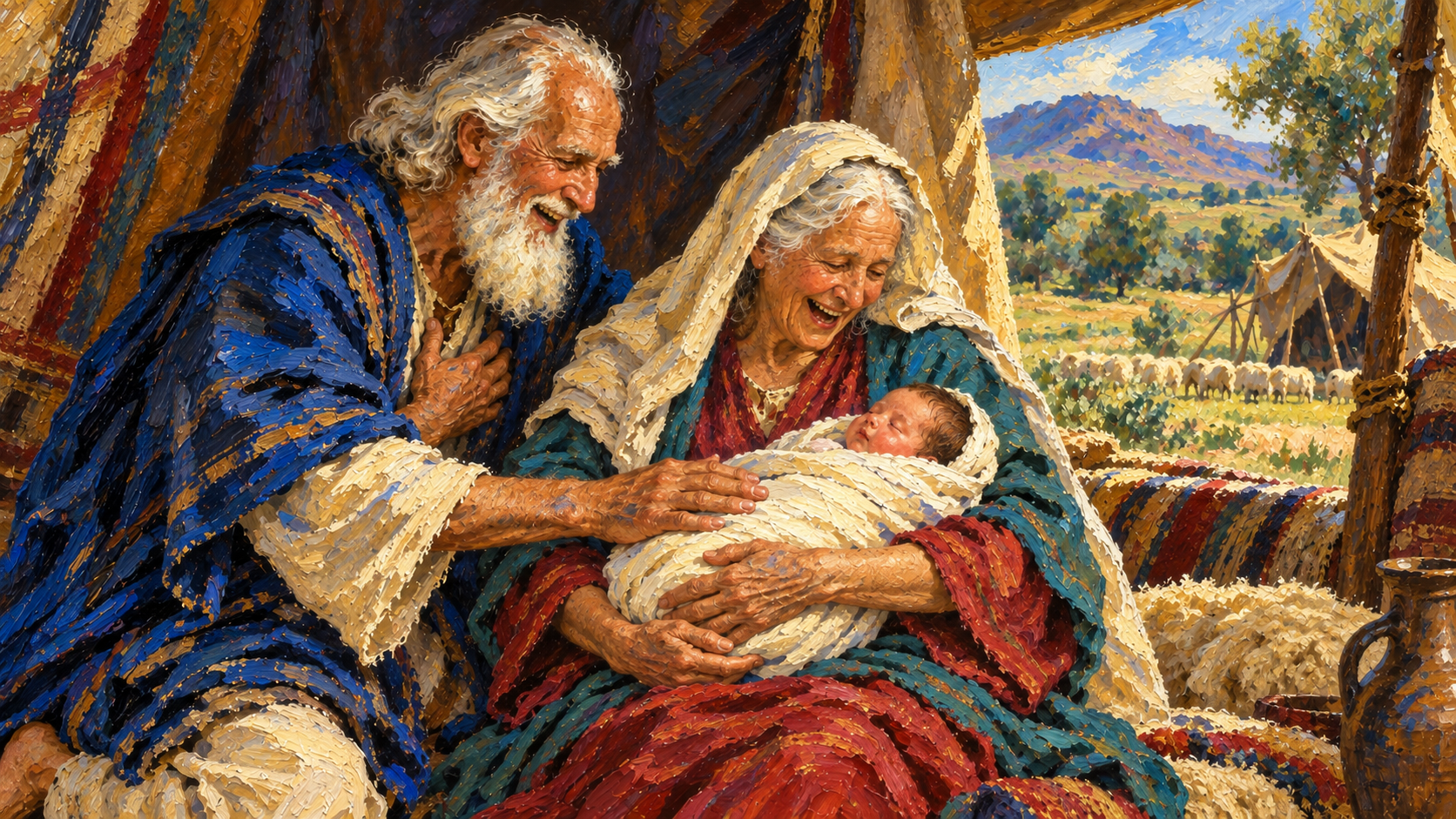 Abraham’s Life: Faith, Failure, and God’s Promise Classical oil painting of elderly Abraham and Sarah rejoicing over newborn Isaac.