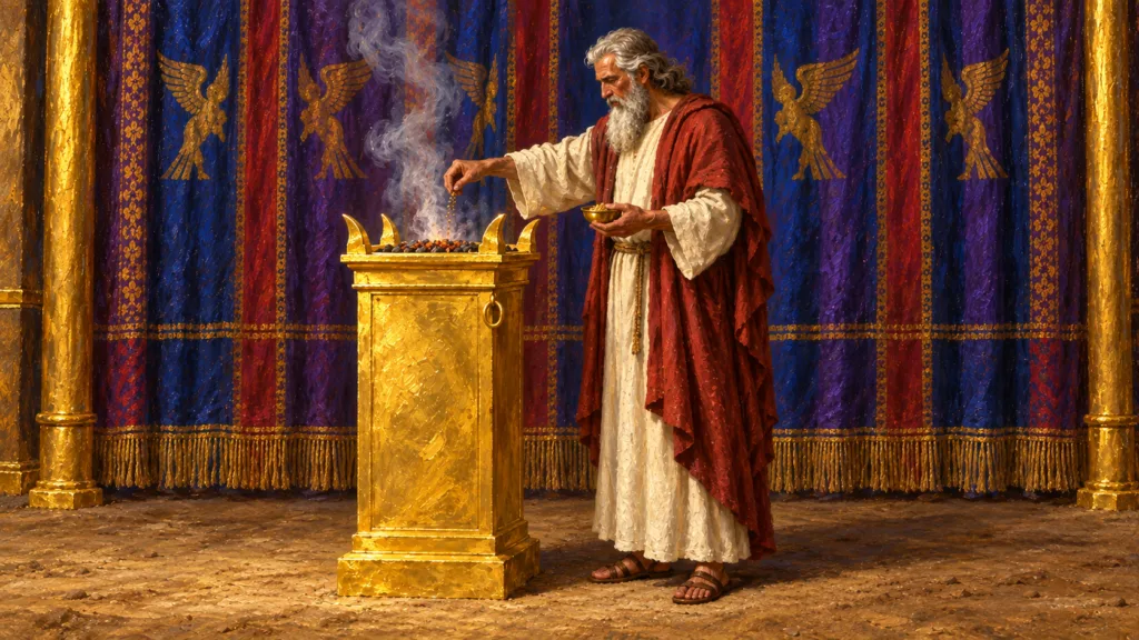 Classical oil painting of Moses burning incense on the golden altar before the tabernacle veil.