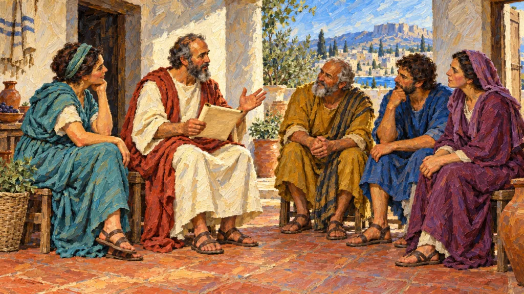 Classical oil painting of Paul explaining Scripture and revealed gospel wisdom to four attentive adults in a Corinthian courtyard.