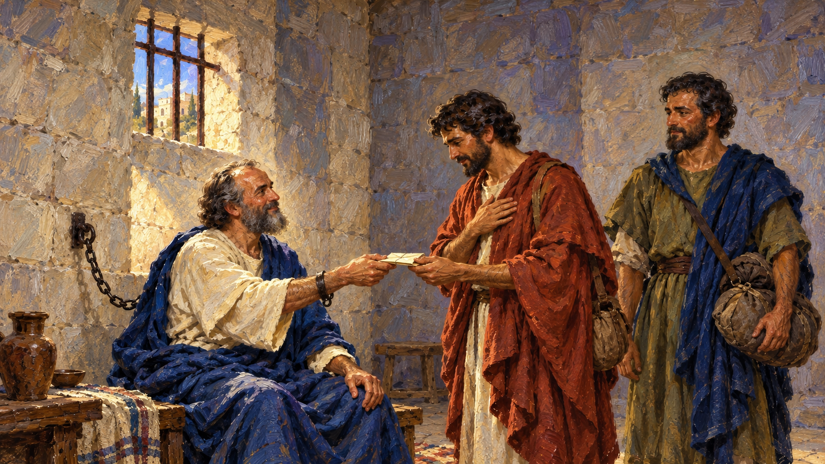 Onesimus in the New Testament: The Gospel and Restoration Classical oil painting of imprisoned Paul giving Onesimus a letter as Tychicus prepares to accompany him.