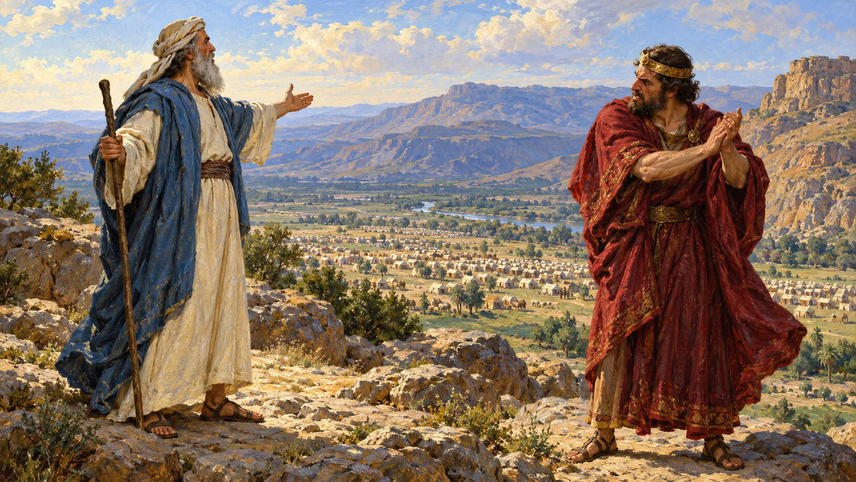 Classical oil painting of Balaam blessing Israel below while Balak angrily strikes his hands together.