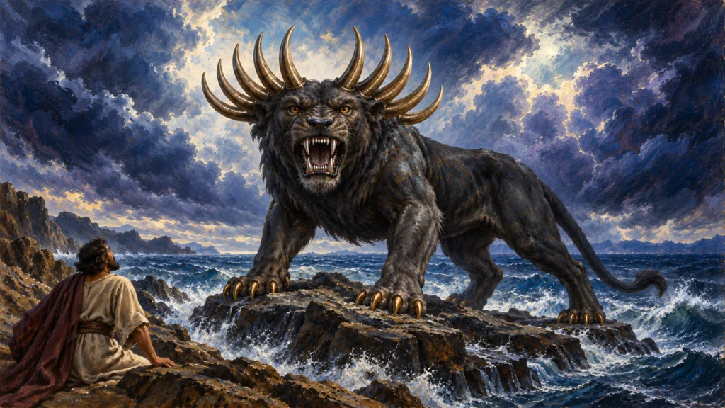 Classical oil painting of Daniel witnessing the fourth beast with ten horns, iron teeth and bronze claws.