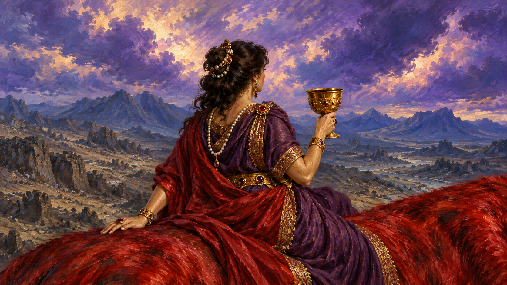The Harlot of Babylon: Who Is She? Classical oil painting detail of Babylon in purple and scarlet holding a golden cup while seated on the scarlet beast.