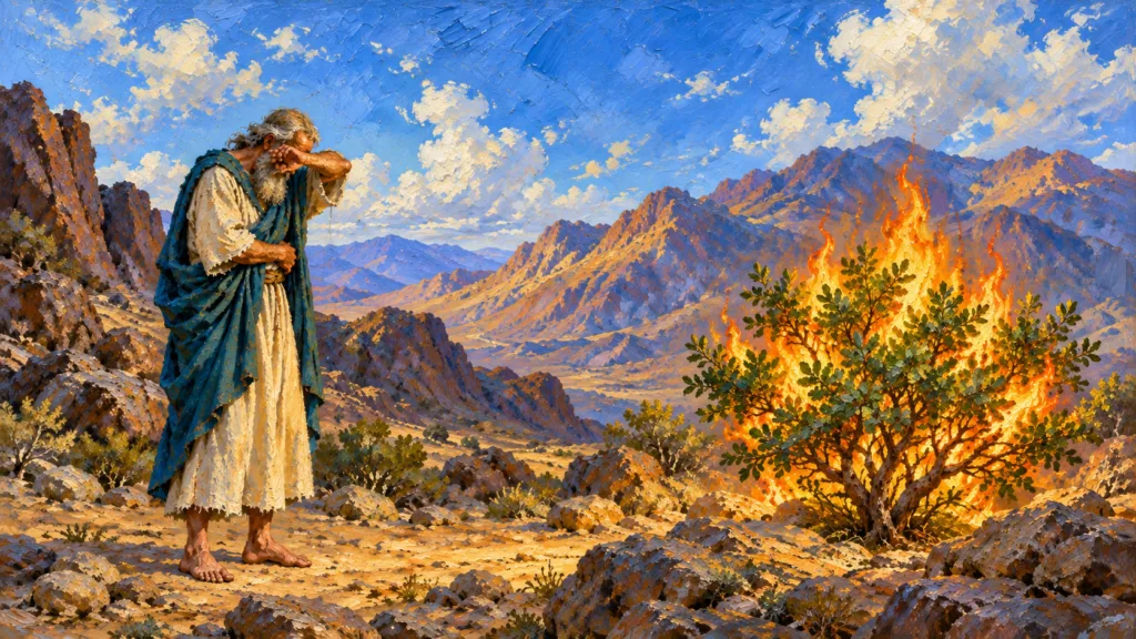 Classical oil painting of barefoot Moses hiding his face beside the burning yet unconsumed bush at Horeb.