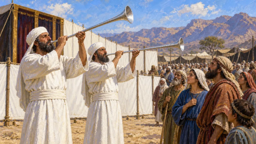 Classical oil painting of two priests sounding silver trumpets as Israel gathers at the wilderness sanctuary.