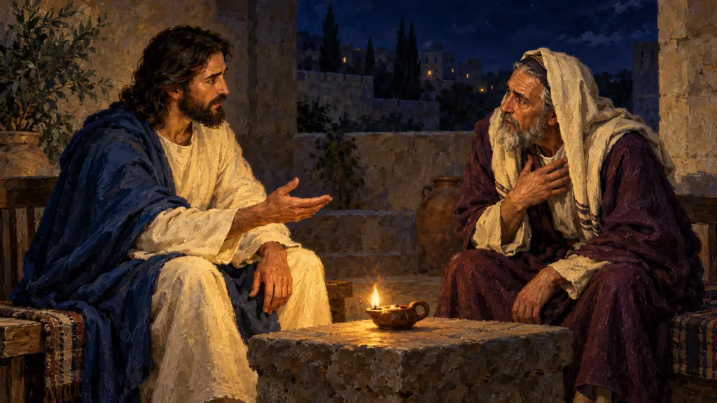 Classical oil painting of Jesus teaching Nicodemus about the new birth during their conversation by night.