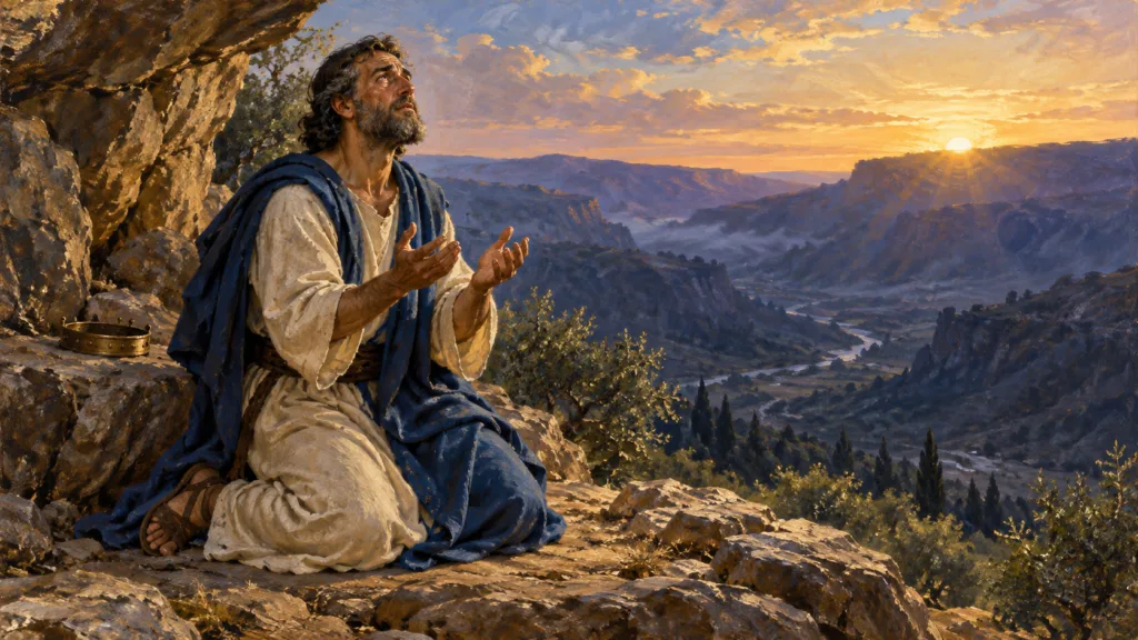 Classical oil painting illustrating Psalm 27 with David praying from a rocky refuge as dawn lights the valley.