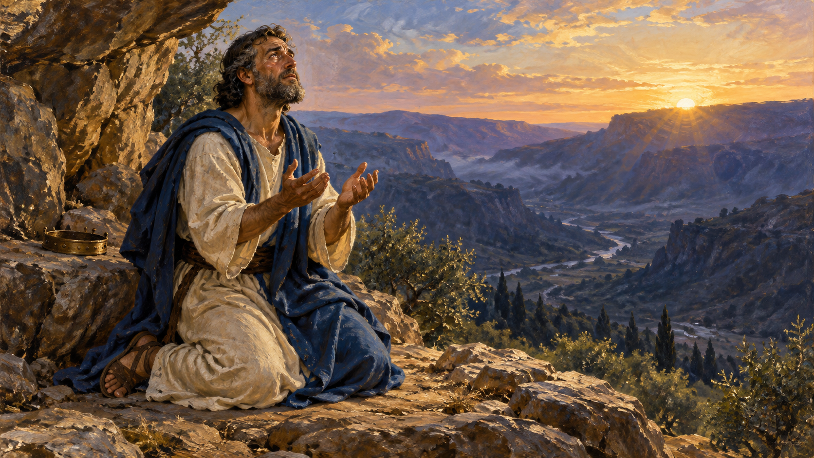 Psalm 27: Trusting God When Fear Returns Classical oil painting illustrating Psalm 27 with David praying from a rocky refuge as dawn lights the valley.