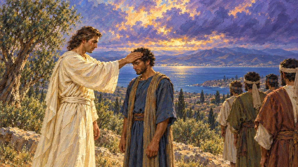 Classical oil painting detail of an Israelite servant being sealed on the forehead before judgment in Revelation 7.