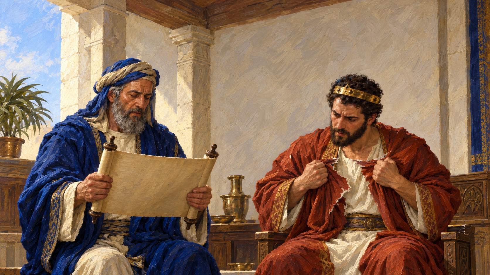 Why Israel’s Kings Had to Read God’s Word Classical oil painting of King Josiah tearing his robe as Shaphan reads the Book of the Law.