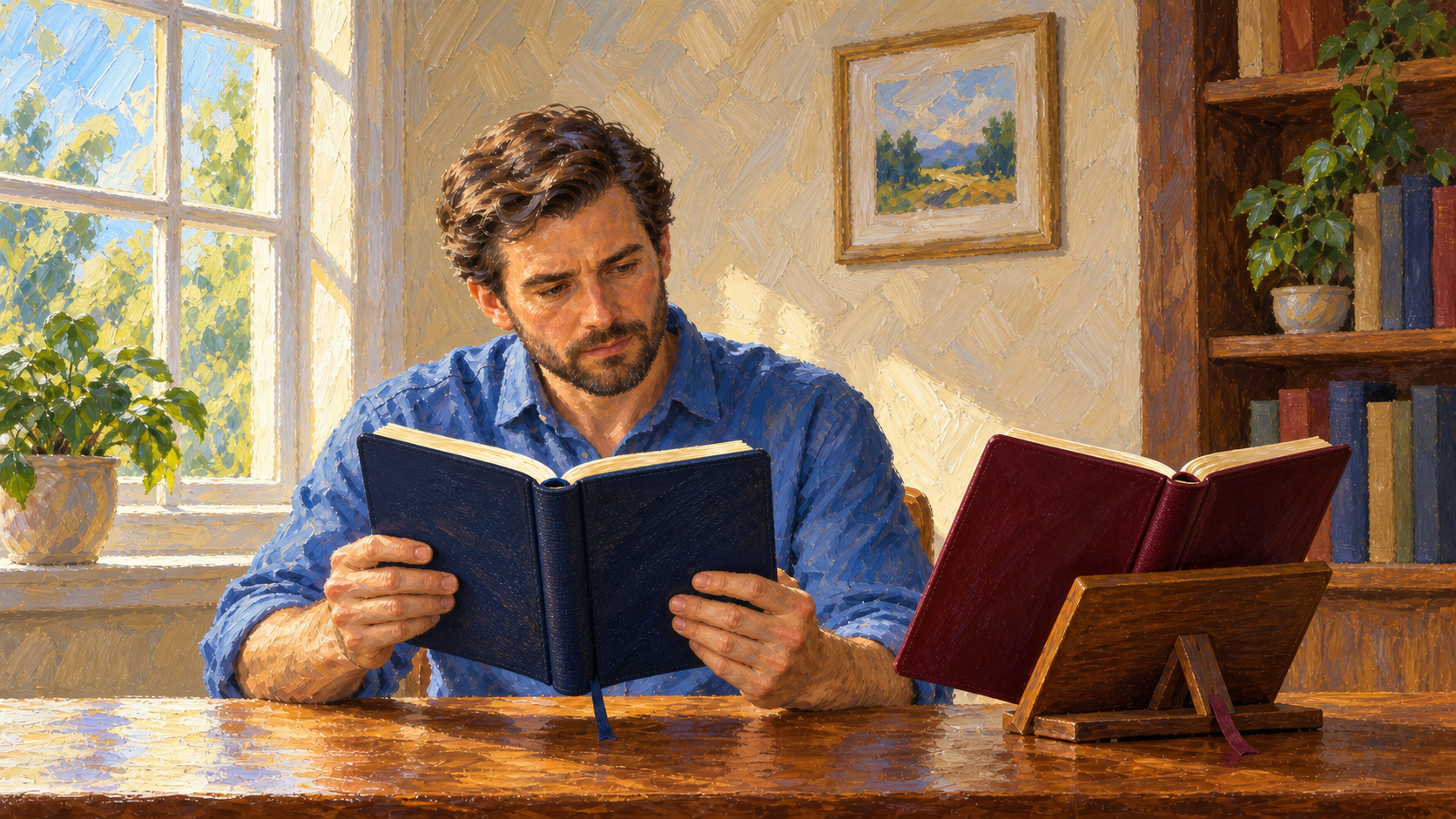 Classical oil painting of a modern reader thoughtfully comparing two Bible volumes at a study table.